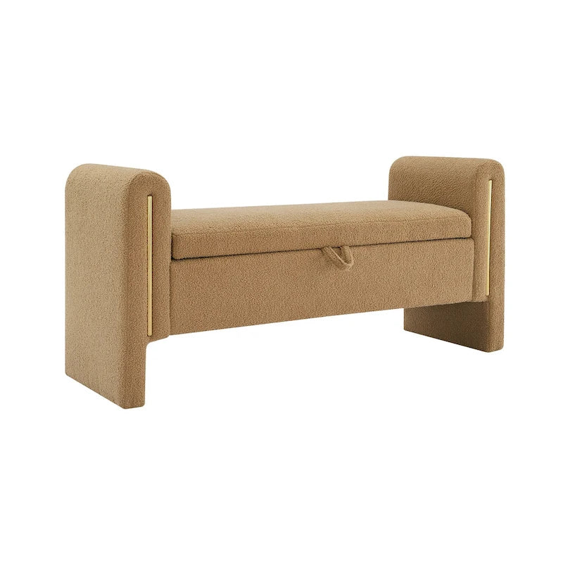 Panca moderna Teddy con braccioli e contenitore, poggiapiedi grande imbottito, comoda panca da finestra per toeletta
