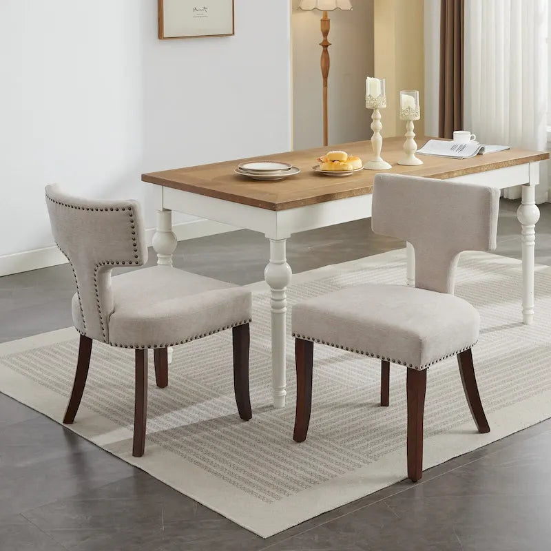 Set di 2 sedie da pranzo moderne, sedie imbottite in tessuto di lino con schienale curvo e struttura in legno di gomma per la cucina