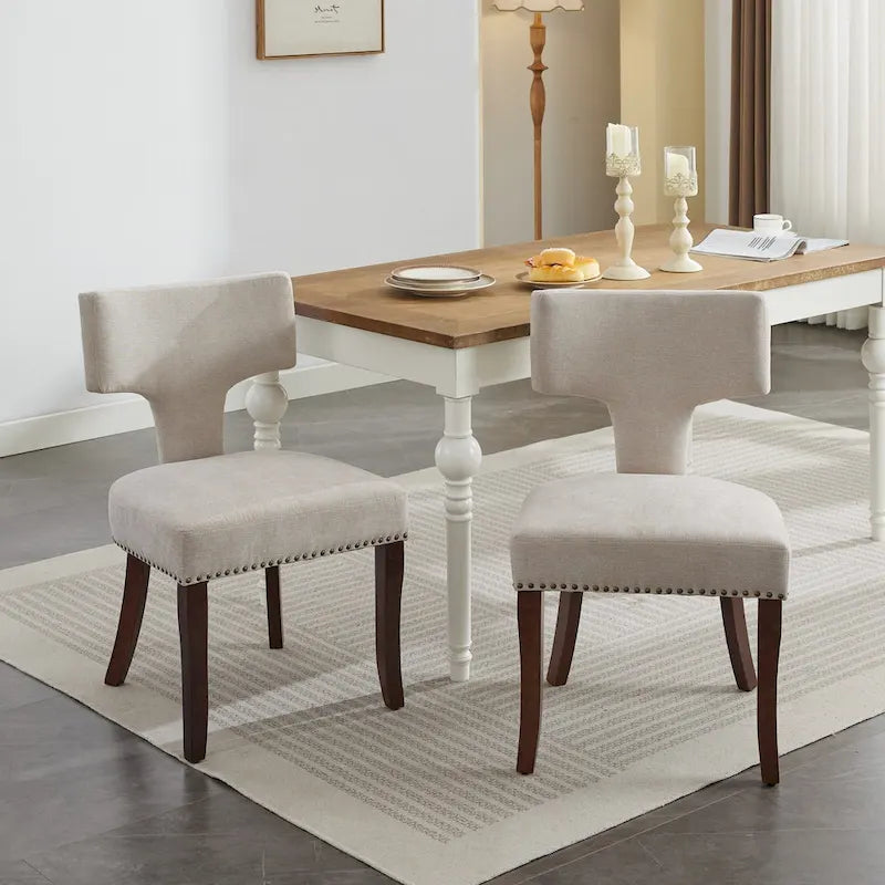 Set di 2 sedie da pranzo moderne, sedie imbottite in tessuto di lino con schienale curvo e struttura in legno di gomma per la cucina