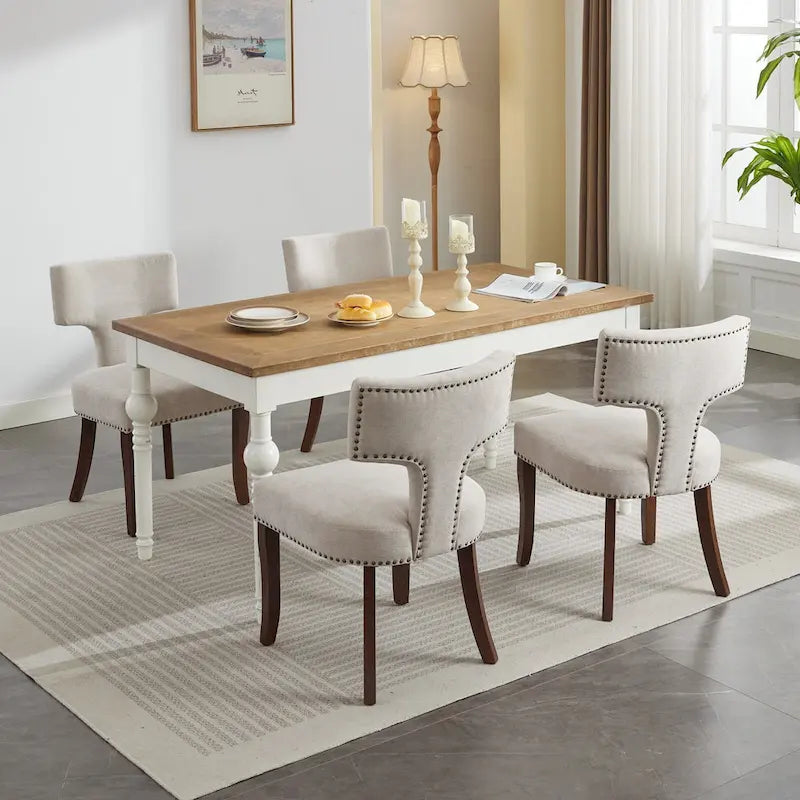 Set di 2 sedie da pranzo moderne, sedie imbottite in tessuto di lino con schienale curvo e struttura in legno di gomma per la cucina