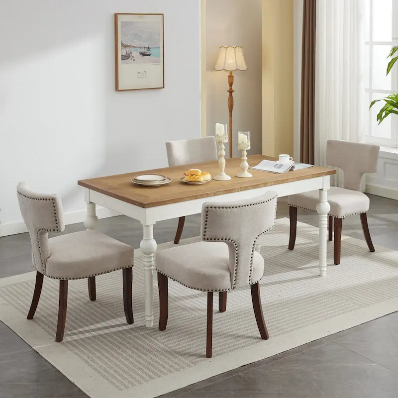 Set di 2 sedie da pranzo moderne, sedie imbottite in tessuto di lino con schienale curvo e struttura in legno di gomma per la cucina