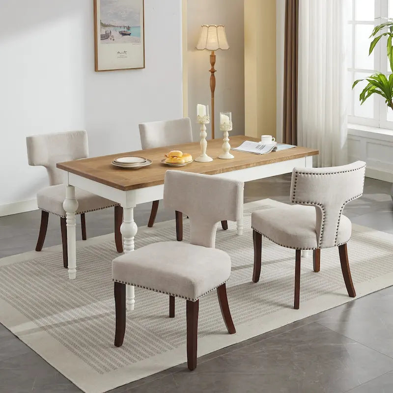 Set di 2 sedie da pranzo moderne, sedie imbottite in tessuto di lino con schienale curvo e struttura in legno di gomma per la cucina