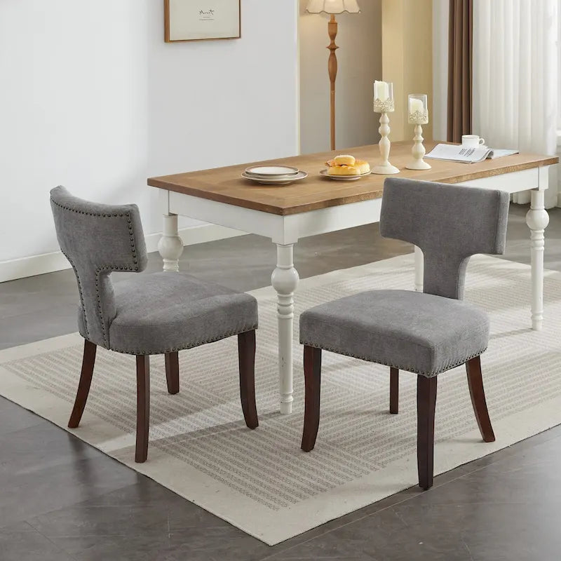 Set di 2 sedie da pranzo moderne, sedie imbottite in tessuto di lino con schienale curvo e struttura in legno di gomma per la cucina