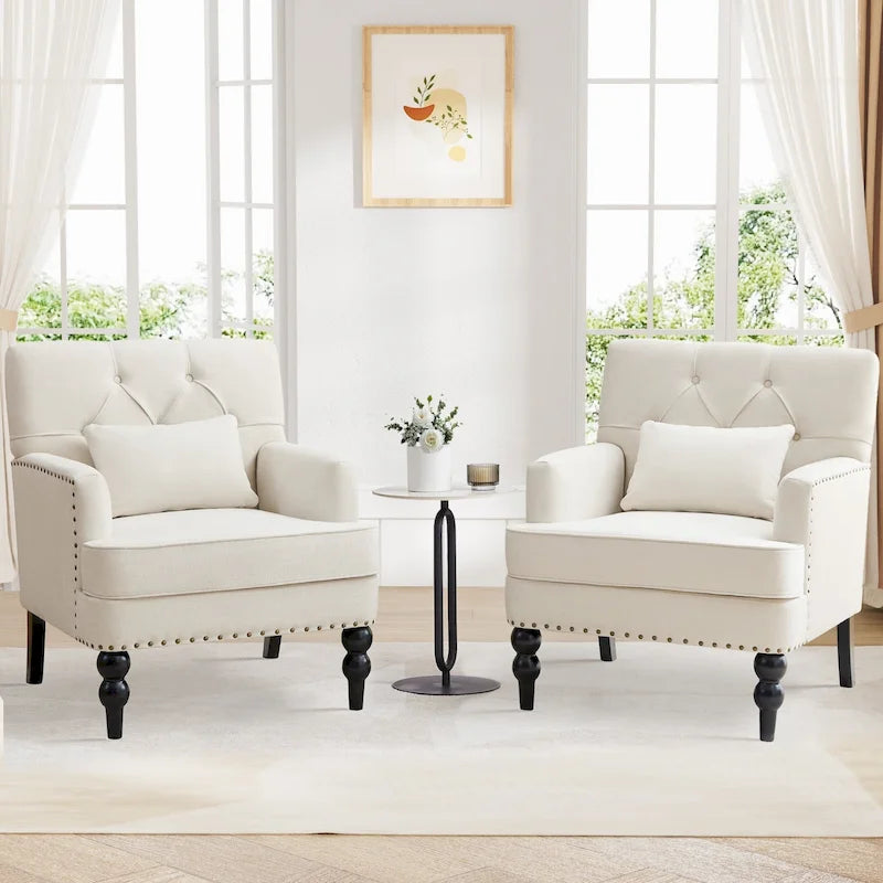 Set di 2 poltrone imbottite con bottoni trapuntati e cuscino lombare Beige/ Grigio/ Azzurro