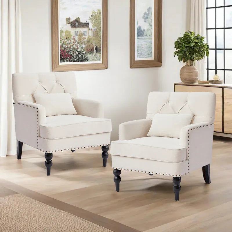 Set di 2 poltrone imbottite con bottoni trapuntati e cuscino lombare Beige/ Grigio/ Azzurro