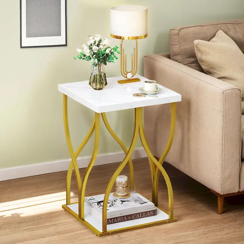 Consolle da divano moderna dorata con ripiano effetto marmo per ingresso o corridoio
