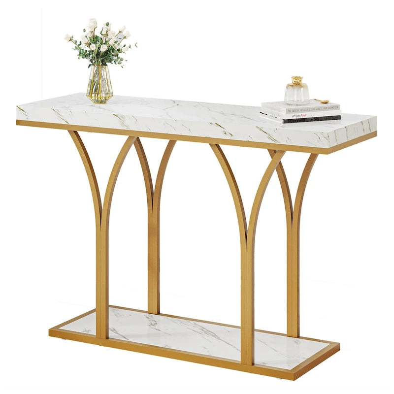 Consolle da divano moderna dorata con ripiano effetto marmo per ingresso o corridoio