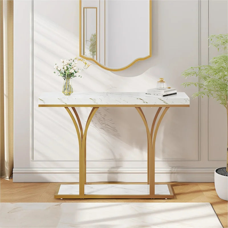 Consolle da divano moderna dorata con ripiano effetto marmo per ingresso o corridoio