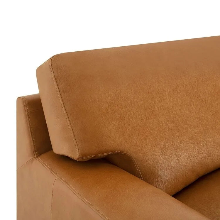 Divano moderno in vera pelle con gambe in legno e cuscino a rullo aggiuntivo