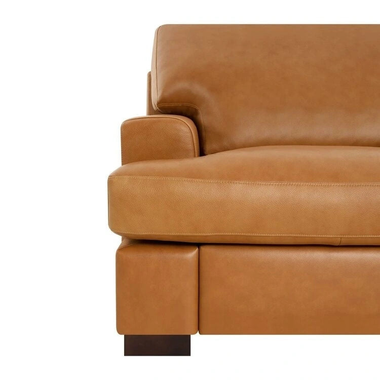 Divano moderno in vera pelle con gambe in legno e cuscino a rullo aggiuntivo