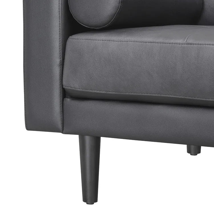 Divano moderno in vera pelle con gambe in legno e cuscino a rullo aggiuntivo
