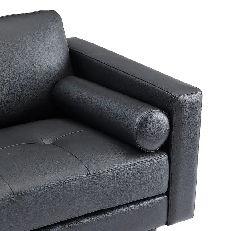 Divano moderno in vera pelle con gambe in legno e cuscino a rullo aggiuntivo