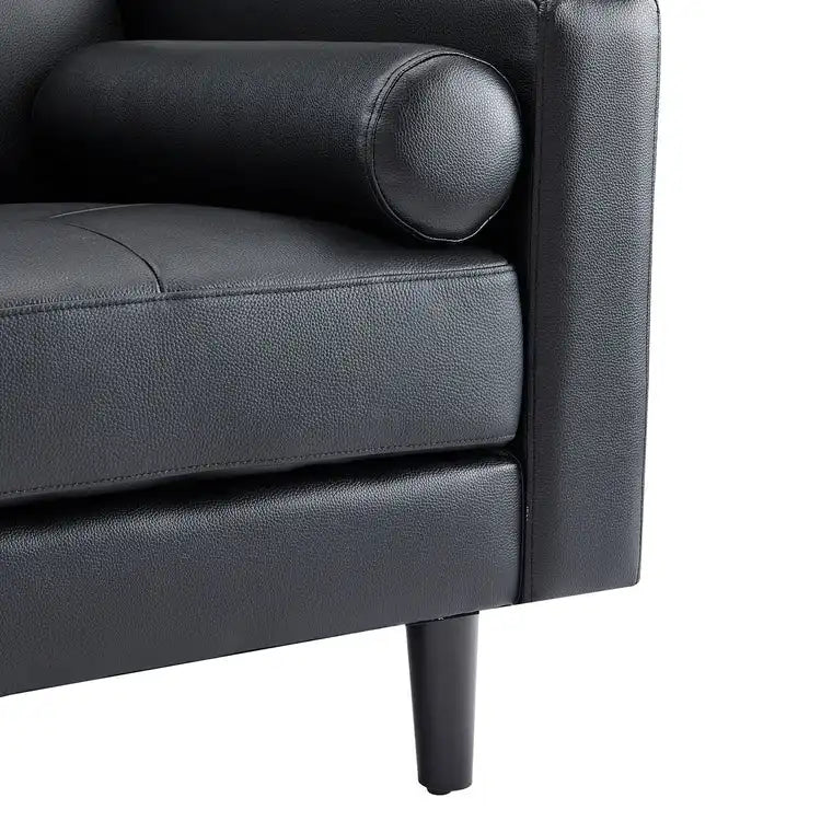 Divano moderno in vera pelle con gambe in legno e cuscino a rullo aggiuntivo