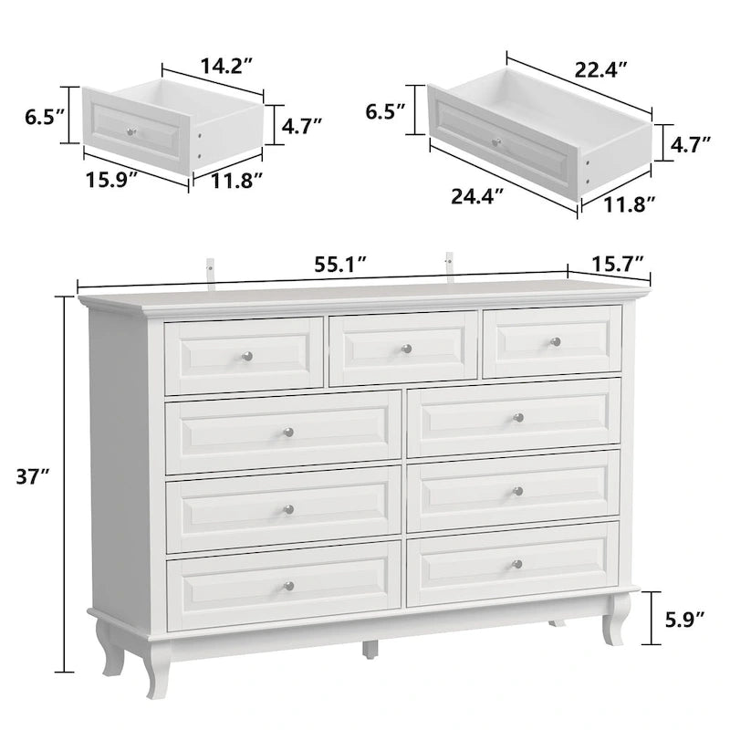 Comodino a 9 cassetti con gambe in legno massello, cassettiera laccata