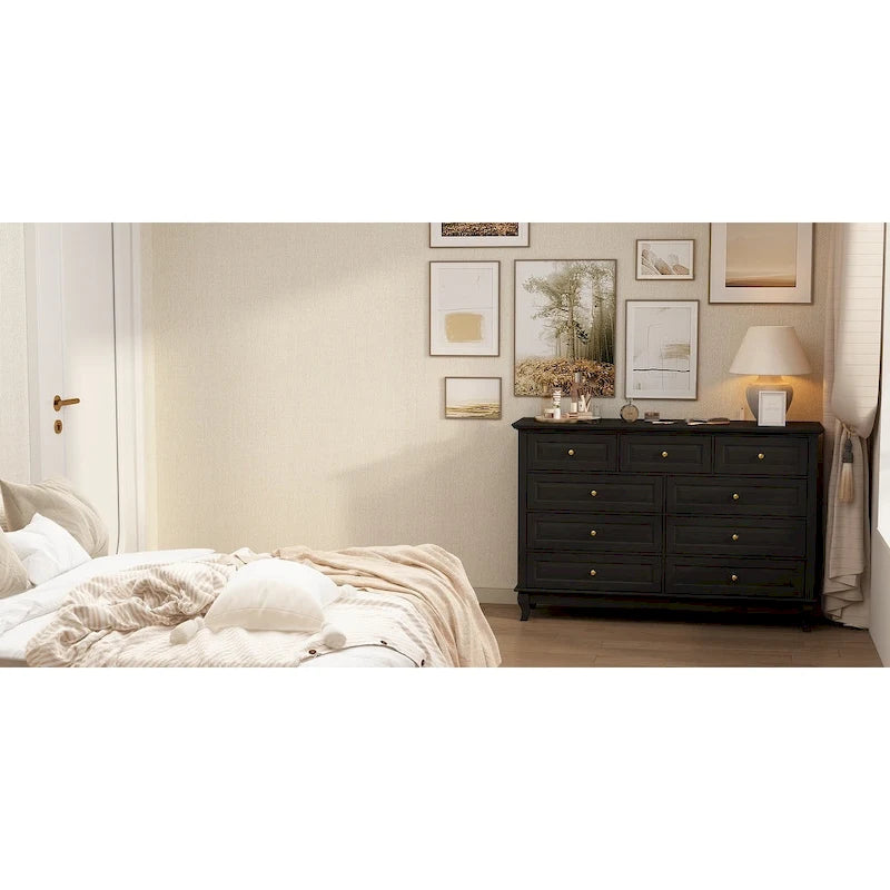 Comodino a 9 cassetti con gambe in legno massello, cassettiera laccata