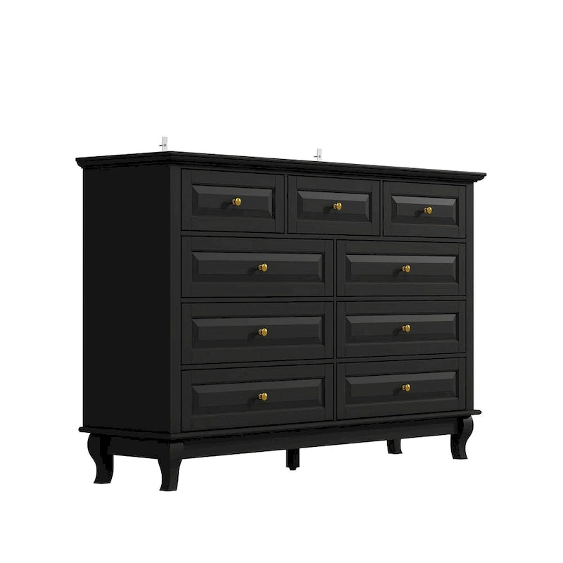 Comodino a 9 cassetti con gambe in legno massello, cassettiera laccata