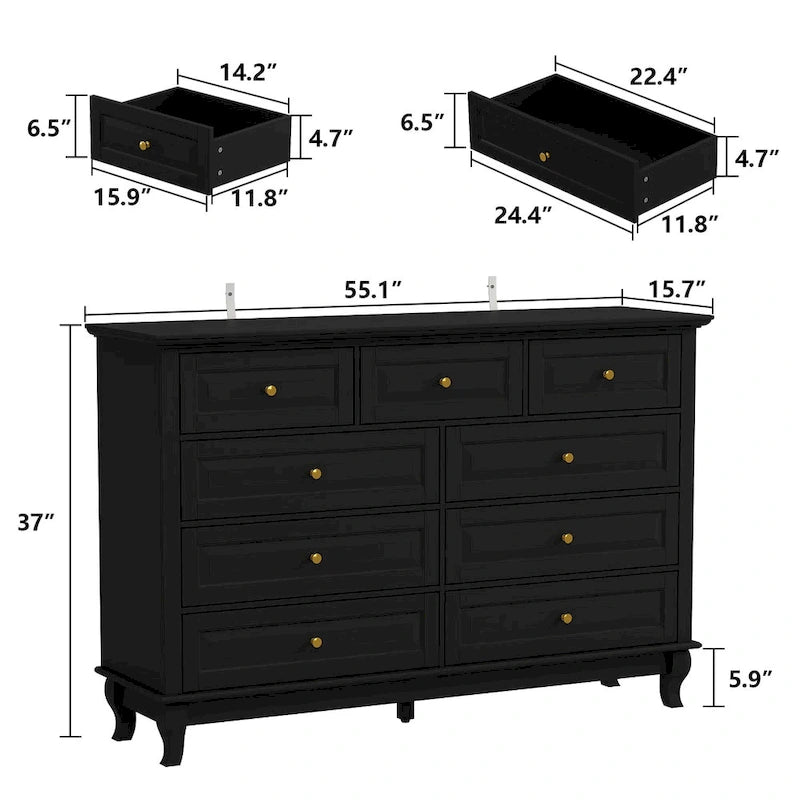 Comodino a 9 cassetti con gambe in legno massello, cassettiera laccata