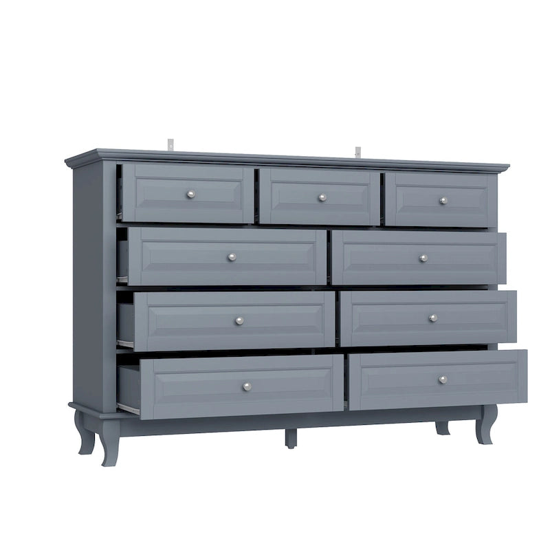 Comodino a 9 cassetti con gambe in legno massello, cassettiera laccata