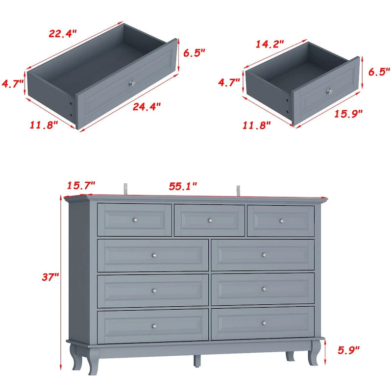 Comodino a 9 cassetti con gambe in legno massello, cassettiera laccata