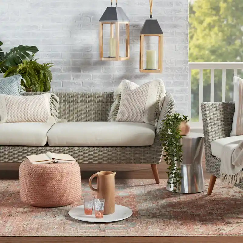 Pouf ottomano rotondo in poliestere da interno/esterno – Poggiapiedi 18x18x12