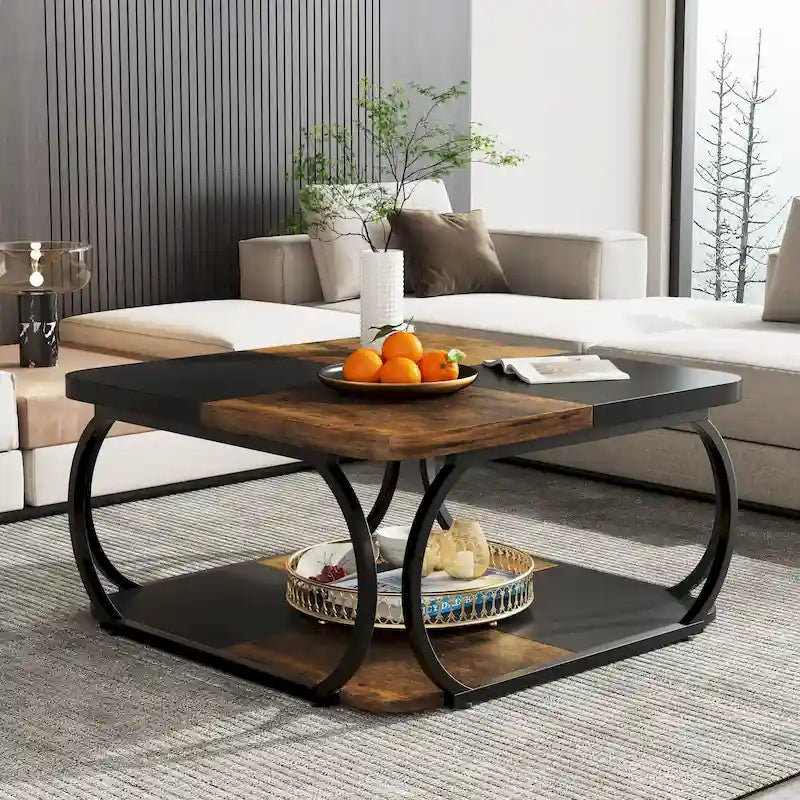 Tavolino da caffè quadrato a 2 ripiani con mensola portaoggetti, tavolino basso da 99 cm in legno stile farmhouse per soggiorno moderno