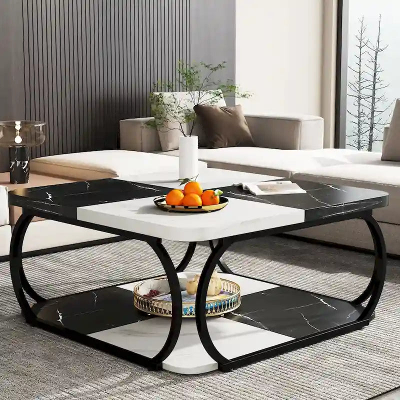Tavolino da caffè quadrato a 2 ripiani con mensola portaoggetti, tavolino basso da 99 cm in legno stile farmhouse per soggiorno moderno