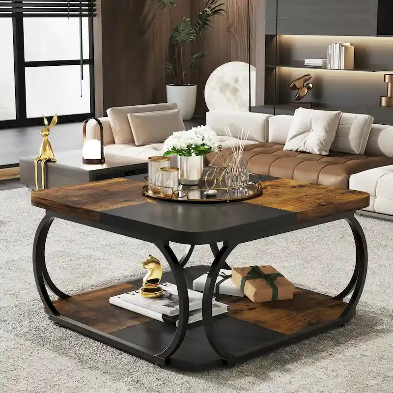 Tavolino da caffè quadrato a 2 ripiani con mensola portaoggetti, tavolino basso da 99 cm in legno stile farmhouse per soggiorno moderno