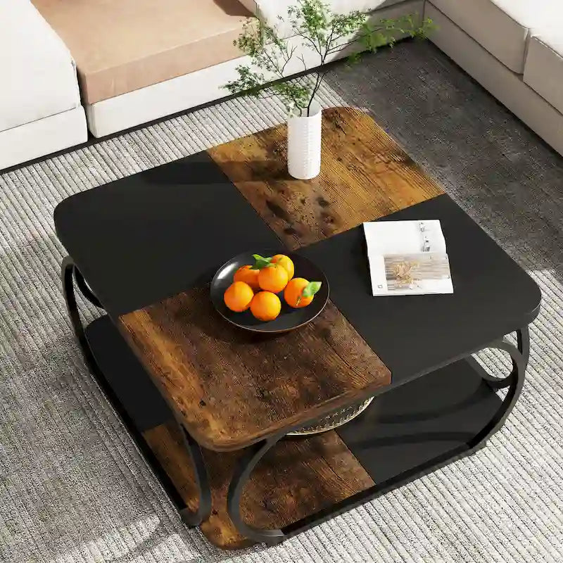 Tavolino da caffè quadrato a 2 ripiani con mensola portaoggetti, tavolino basso da 99 cm in legno stile farmhouse per soggiorno moderno