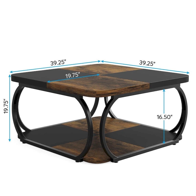 Tavolino da caffè quadrato a 2 ripiani con mensola portaoggetti, tavolino basso da 99 cm in legno stile farmhouse per soggiorno moderno