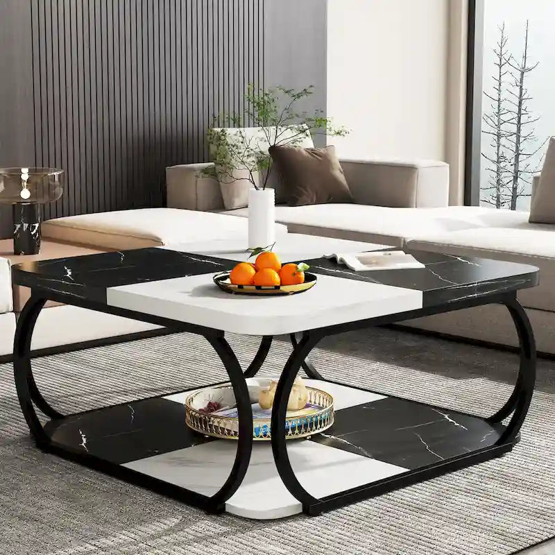 Tavolino da caffè quadrato a 2 ripiani con mensola portaoggetti, tavolino basso da 99 cm in legno stile farmhouse per soggiorno moderno
