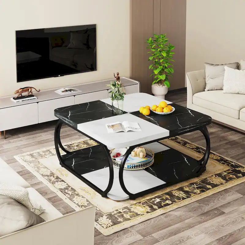 Tavolino da caffè quadrato a 2 ripiani con mensola portaoggetti, tavolino basso da 99 cm in legno stile farmhouse per soggiorno moderno