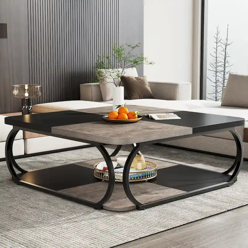 Tavolino da caffè quadrato a 2 ripiani con mensola portaoggetti, tavolino basso da 99 cm in legno stile farmhouse per soggiorno moderno