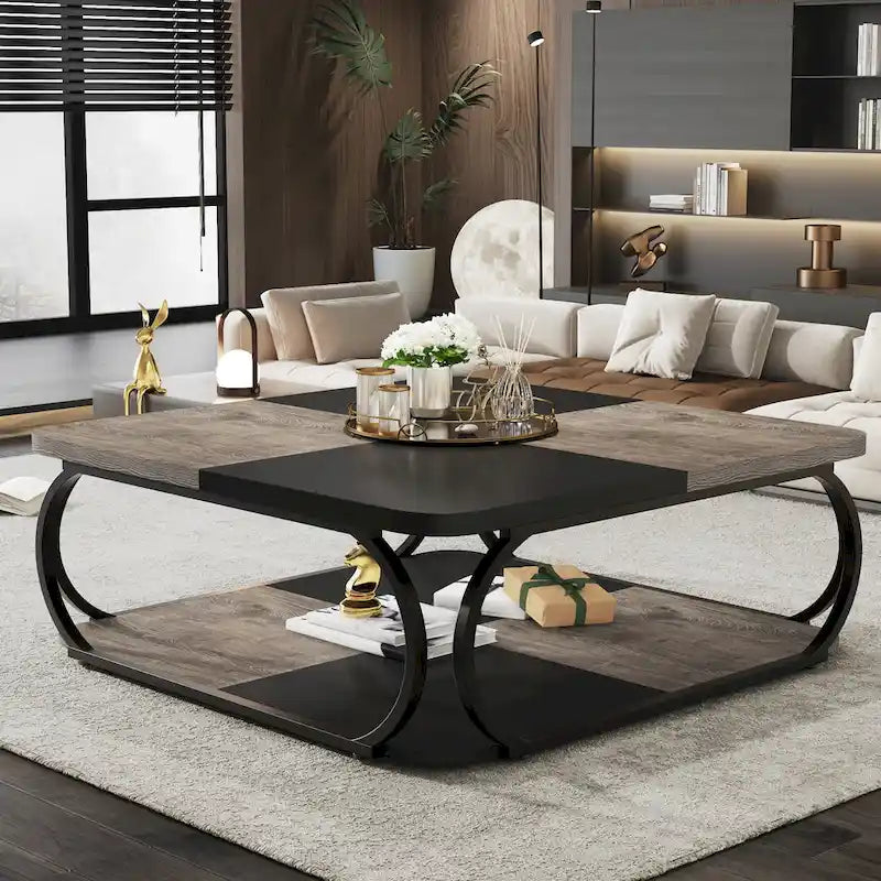 Tavolino da caffè quadrato a 2 ripiani con mensola portaoggetti, tavolino basso da 99 cm in legno stile farmhouse per soggiorno moderno