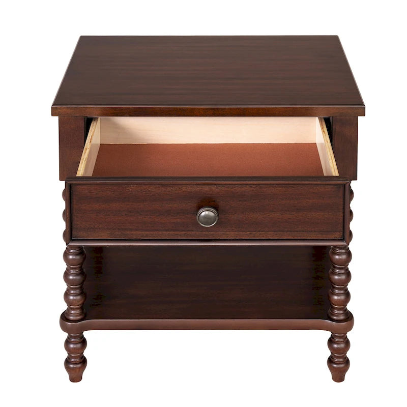 Comodino con cassetto e ripiano aperto in legno tornito – Camera da letto in stile rustico