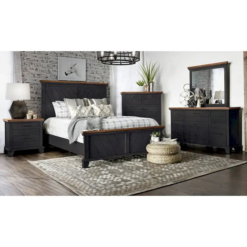 Set camera da letto rustico da 4 pezzi – Letto, cassettiera, specchio e comodino