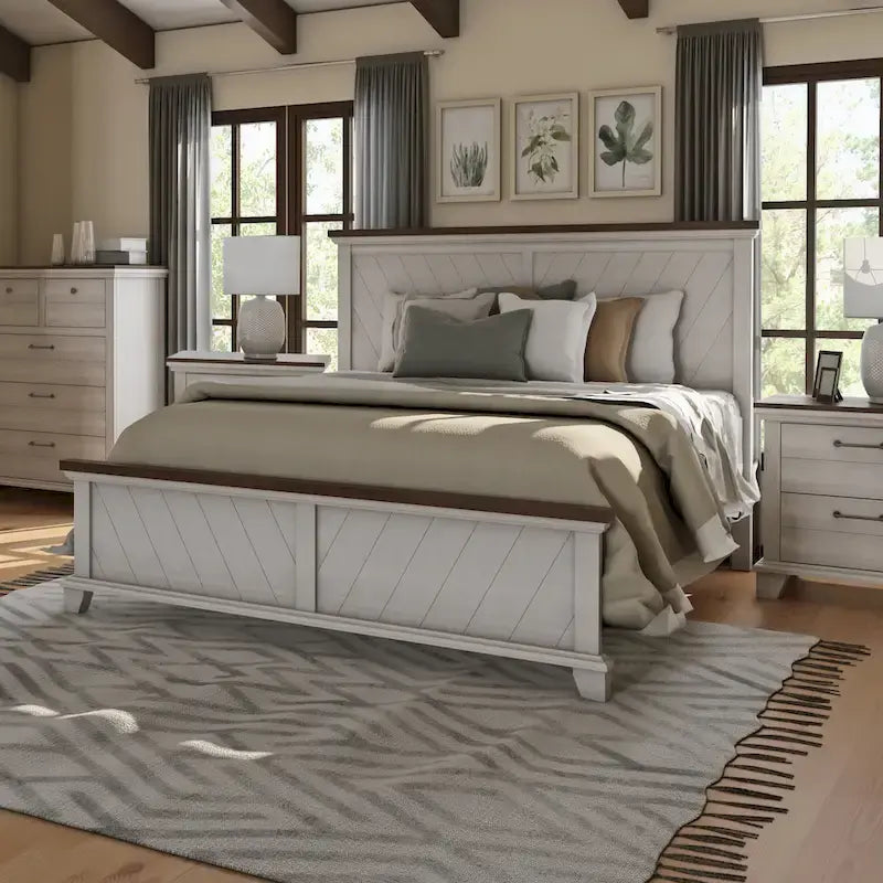 Set camera da letto rustico da 4 pezzi – Letto, cassettiera, specchio e comodino