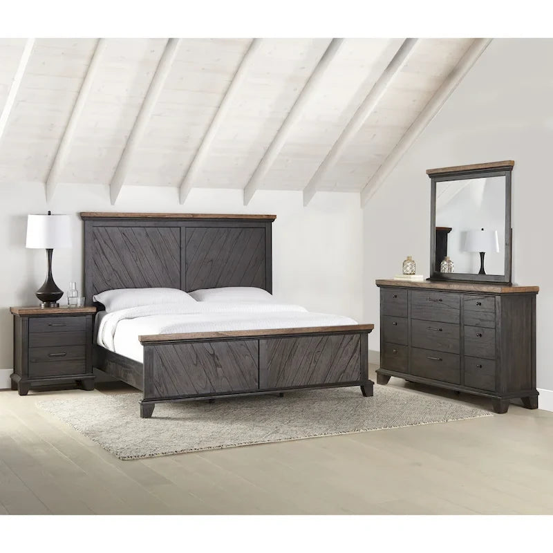 Set camera da letto rustico da 4 pezzi – Letto, cassettiera, specchio e comodino