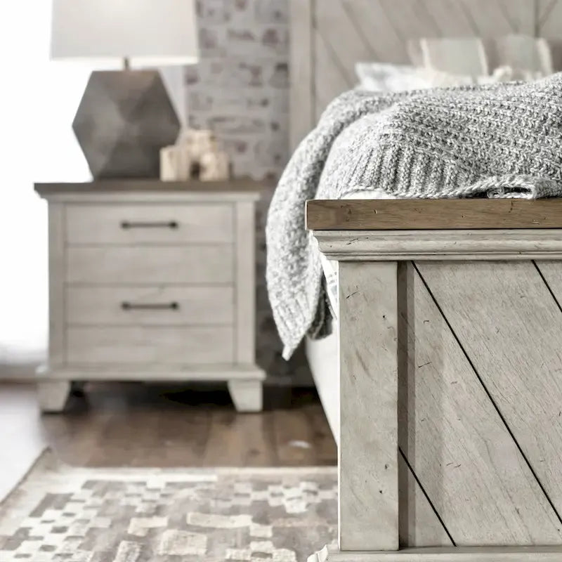 Set camera da letto rustico da 4 pezzi – Letto, cassettiera, specchio e comodino