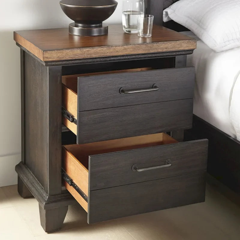 Set camera da letto rustico da 4 pezzi – Letto, cassettiera, specchio e comodino