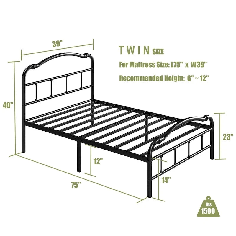 Telaio letto in metallo rinforzato da 14" in stile vintage, supporta fino a 1134 kg, facile da montare e senza cigolii