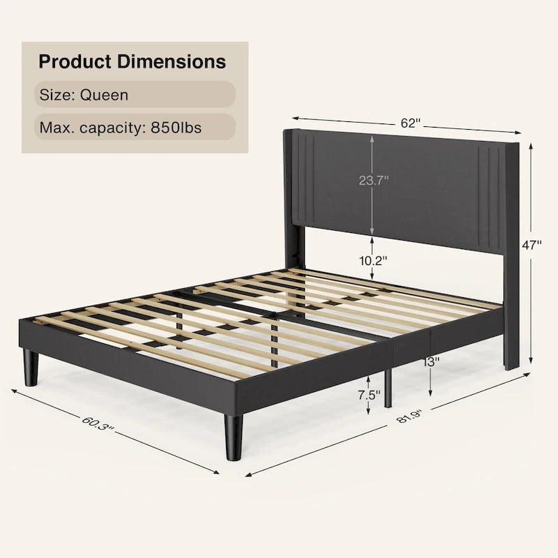 Letto Imbottito Matrimoniale/King con Canali Verticali e Testiera ad Ali