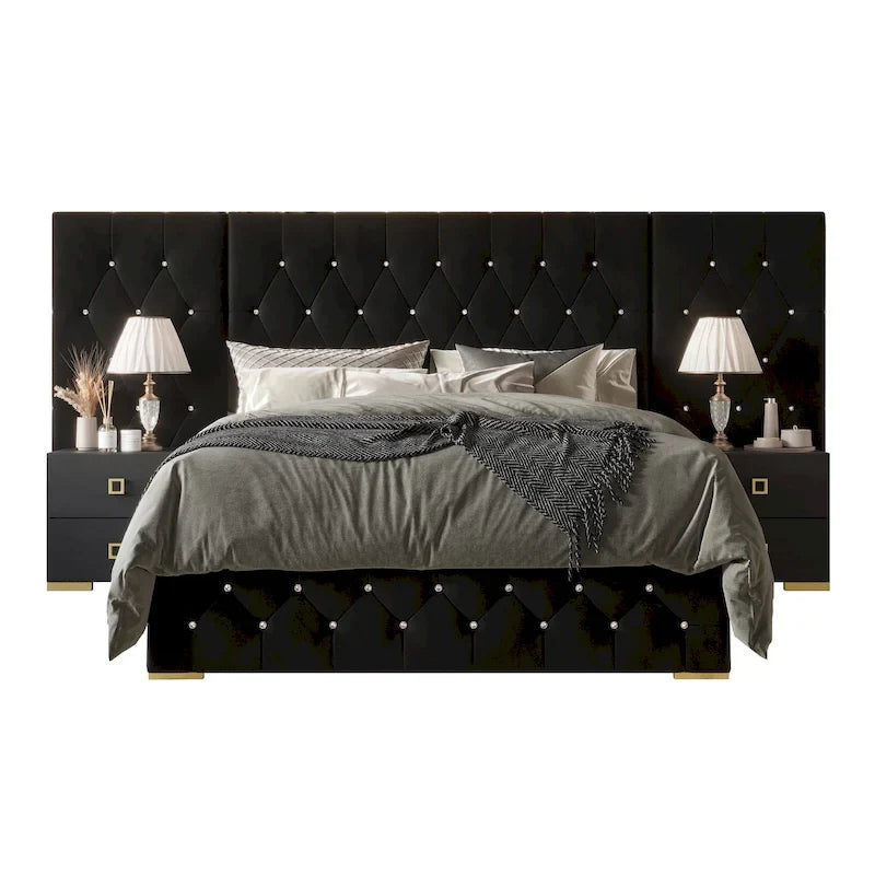 CraftPorch Set 3 Comodini e Letto con Piattaforma Lussuosa in Velluto Capitonnè