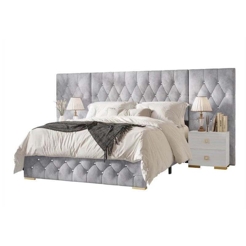 CraftPorch Set 3 Comodini e Letto con Piattaforma Lussuosa in Velluto Capitonnè
