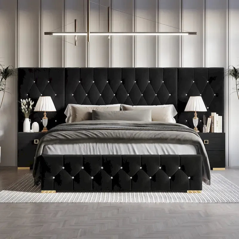 CraftPorch Set 3 Comodini e Letto con Piattaforma Lussuosa in Velluto Capitonnè