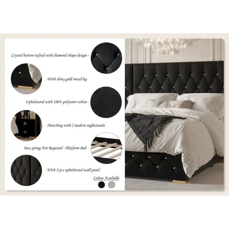CraftPorch Set 3 Comodini e Letto con Piattaforma Lussuosa in Velluto Capitonnè