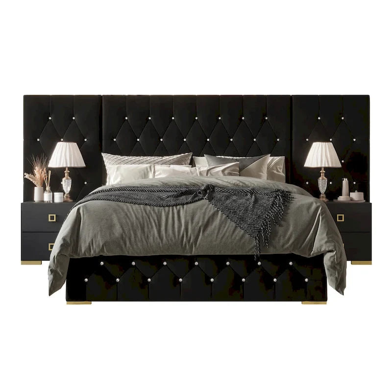 CraftPorch Set 3 Comodini e Letto con Piattaforma Lussuosa in Velluto Capitonnè