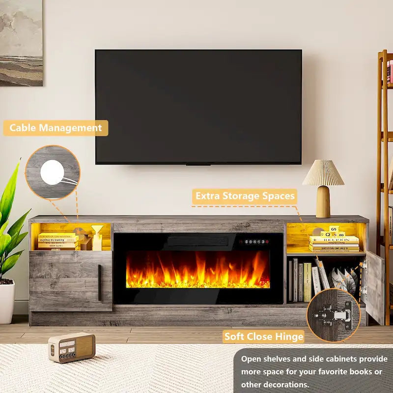 Mobile porta TV da 70 pollici con camino elettrico da 36 pollici – Centro di intrattenimento a LED a 16 colori
