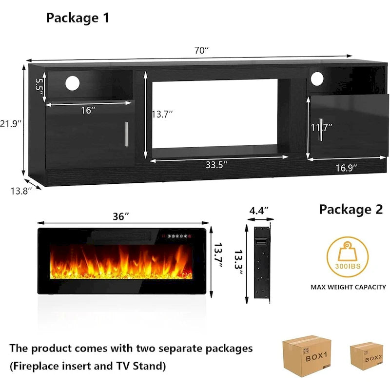 Mobile porta TV da 70 pollici con camino elettrico da 36 pollici – Centro di intrattenimento a LED a 16 colori