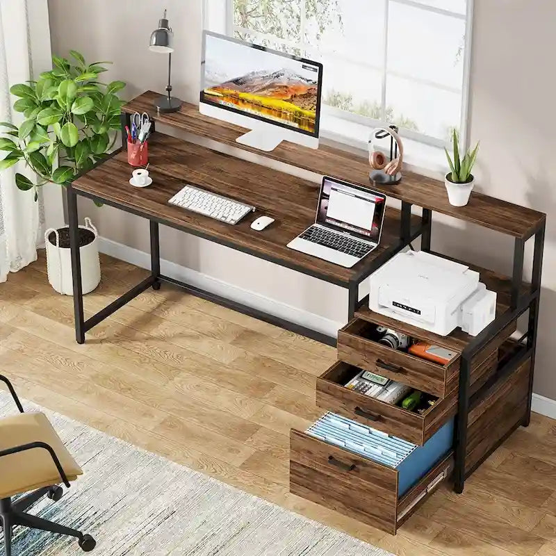 Scrivania per computer da 63" con supporto per monitor, scrivanie ergonomiche da ufficio con cassetti e schedario