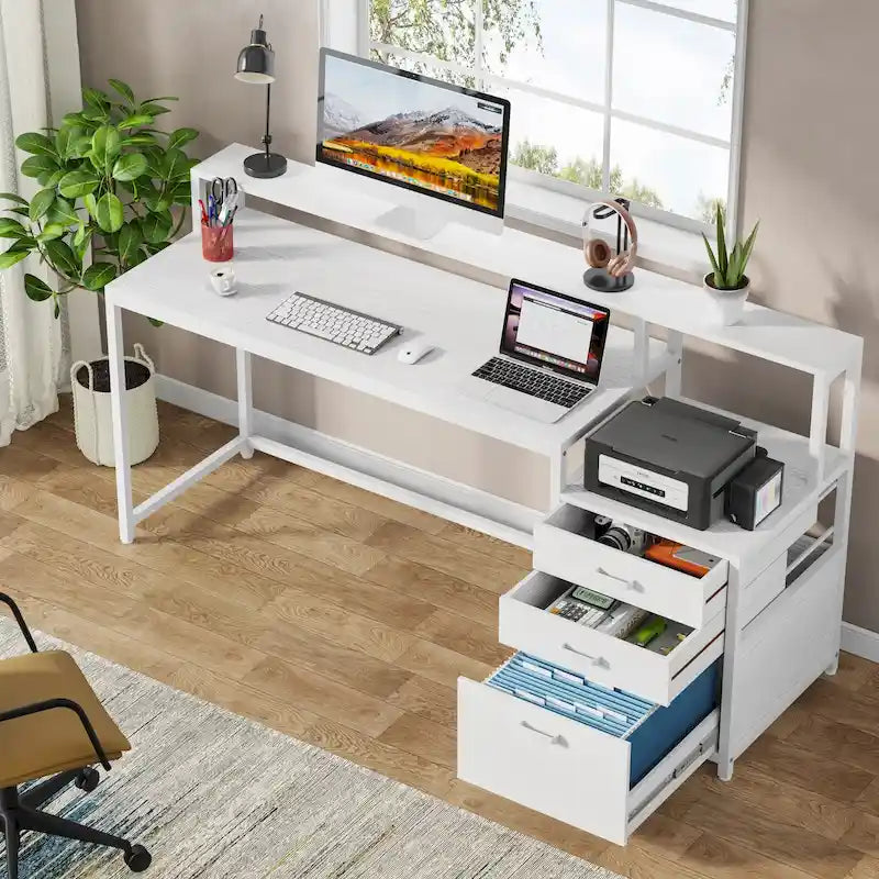 Scrivania per computer da 63" con supporto per monitor, scrivanie ergonomiche da ufficio con cassetti e schedario